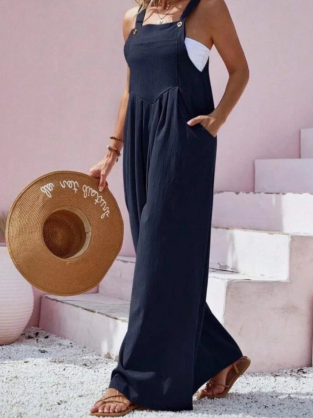 🪷Women's Navy Blue Jumpsuit Boho Wide Leg Overalls Loose Fit 100% Cotton M - Picture 4 of 16
